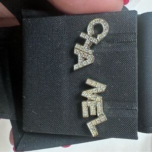 CHANEL Gold and Crystal Logo Drop Earrings